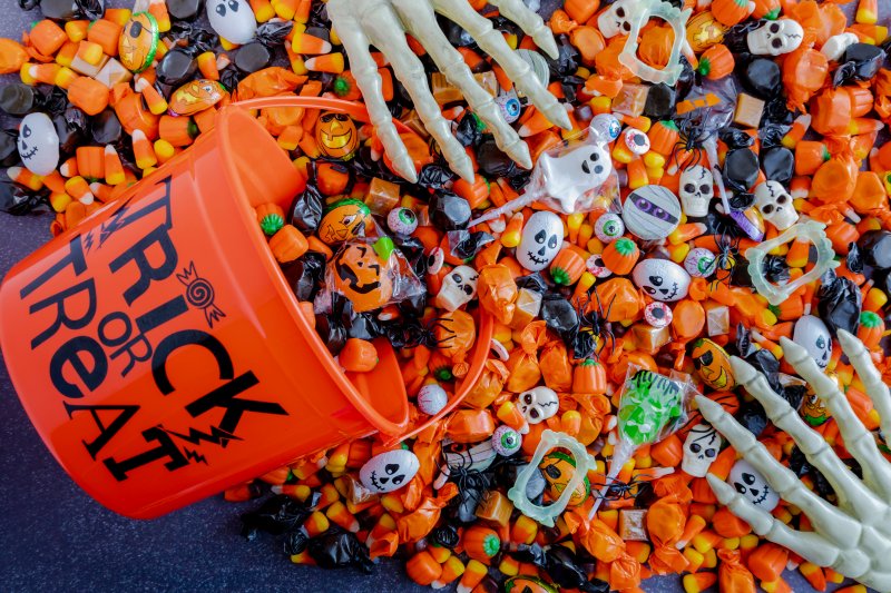 A big bucket of Halloween candy that may not be great for braces